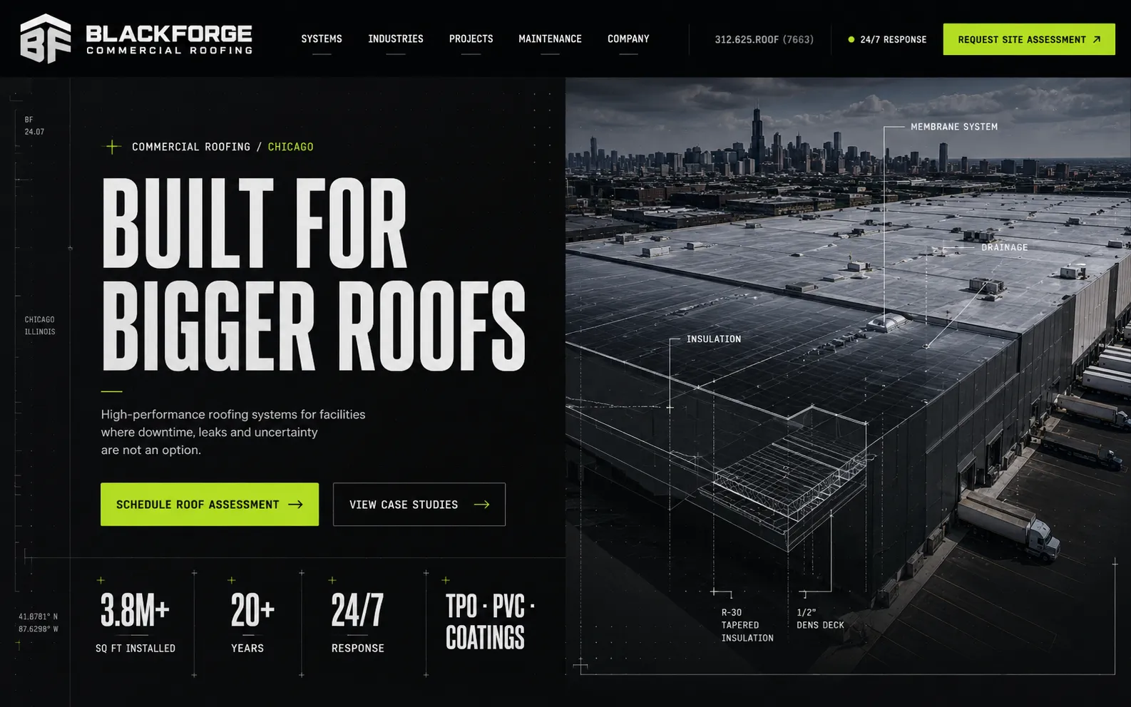 Blackforge Commercial Roofing — a Revampilo concept redesign in the Bold Industrial direction