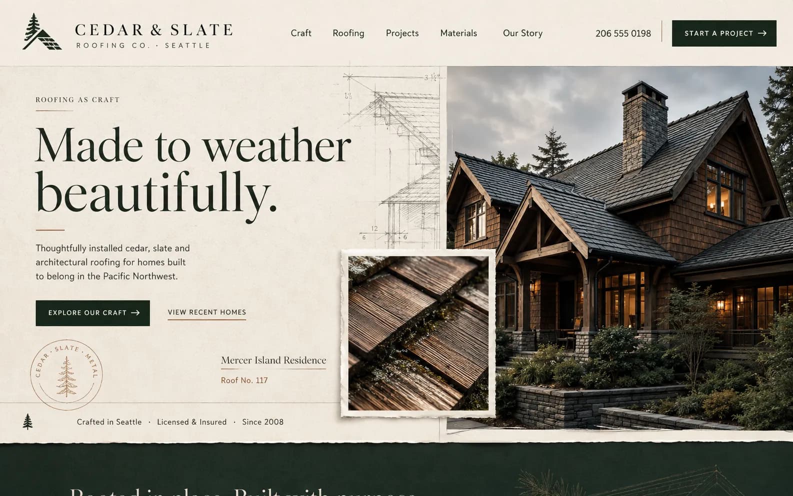 Cedar & Slate Roofing Co. — a Revampilo concept redesign in the Luxury Residential direction