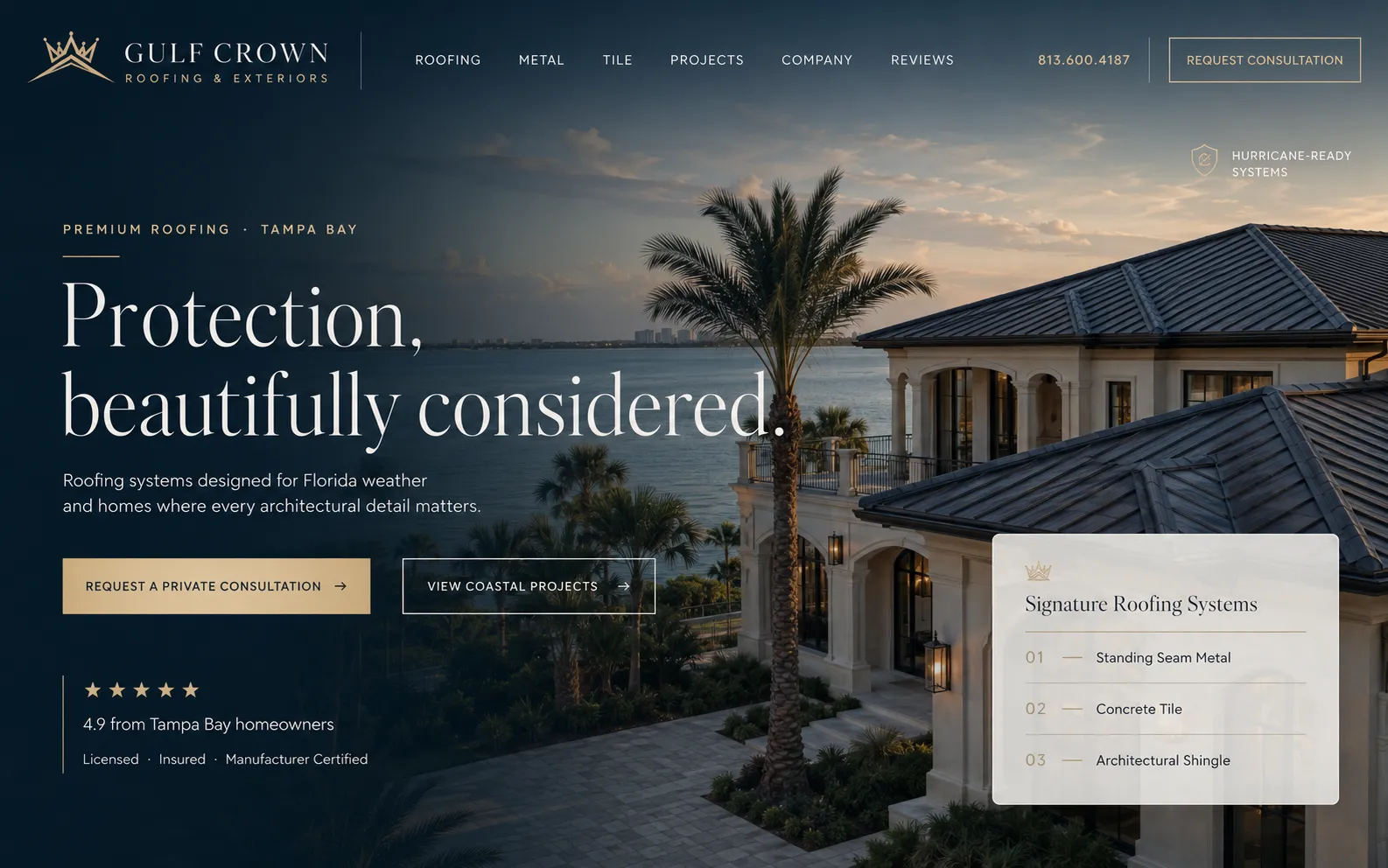 Gulf Crown Roofing & Exteriors — a Revampilo concept redesign in the Luxury Residential direction