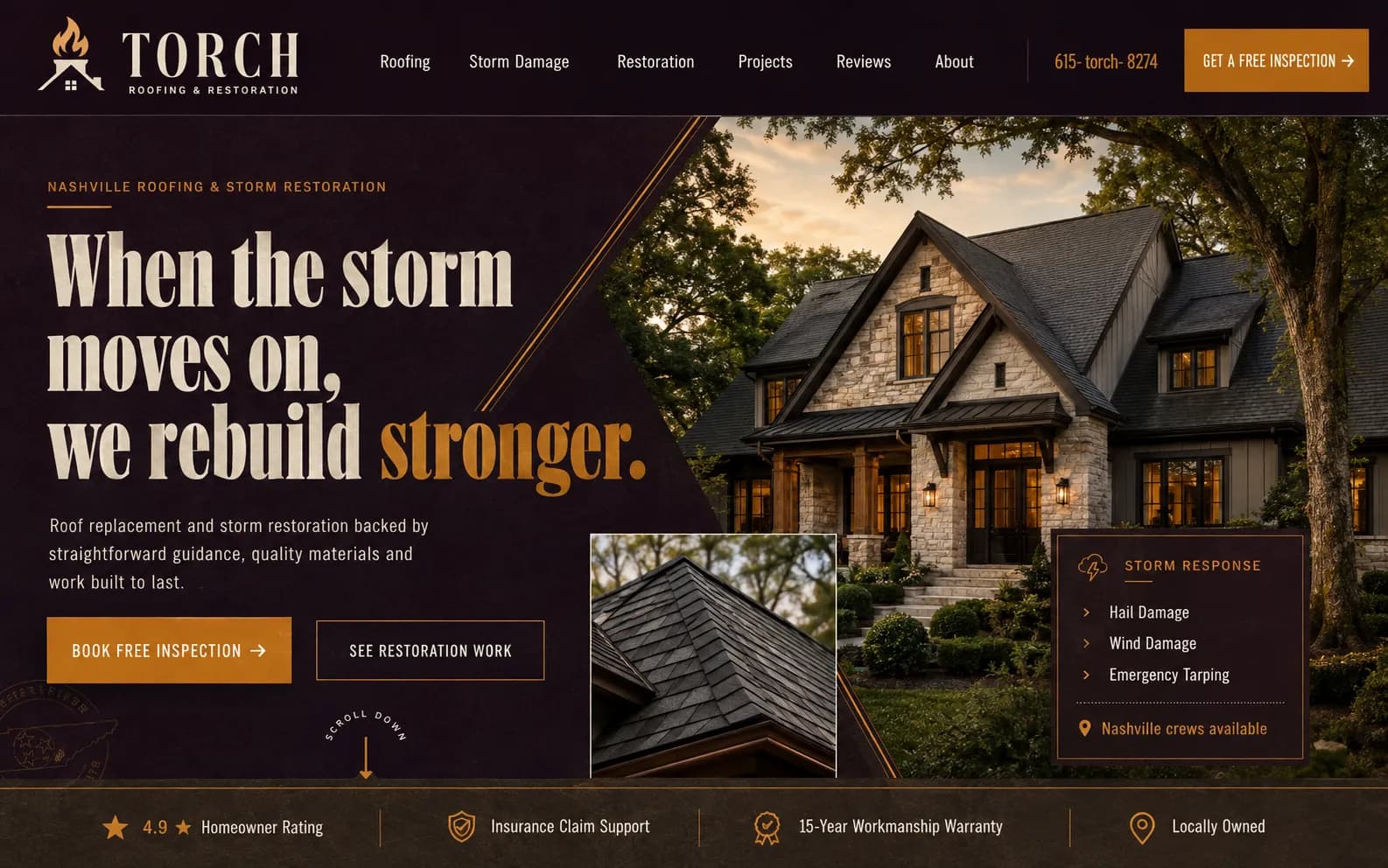 Torch Roofing & Restoration — a Revampilo concept redesign in the Storm & Conversion direction