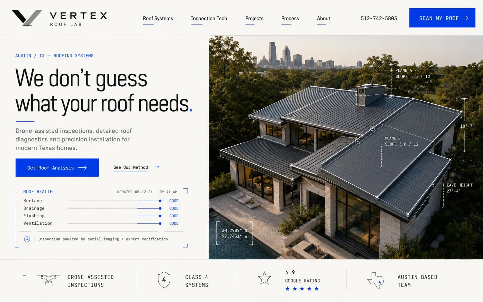 Vertex Roof Lab — a Revampilo concept redesign in the Cinematic Premium direction
